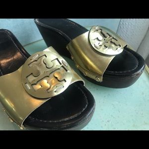 Tory Burch metallic gold Ines wedge slides